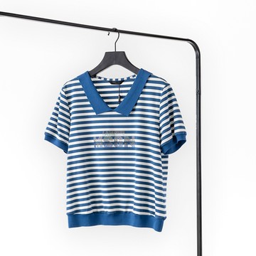 現貨【MEDUSA 曼度莎】藍色小翻領水鑽橫紋針織上衣（M-2L）｜女上衣 女休閒上衣