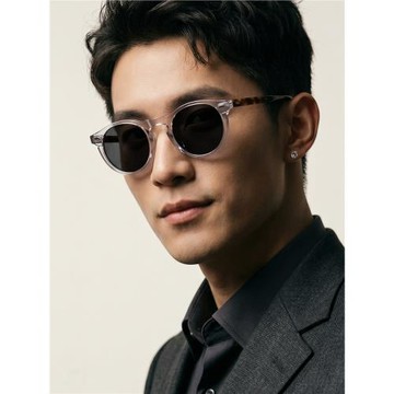 潮人復古圓框墨鏡  男女偏光淺色明星同款玳瑁墨鏡板材透明太陽鏡