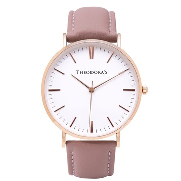 Hera 簡約中性款真皮腕錶 蛋殼白面-真皮珊瑚粉