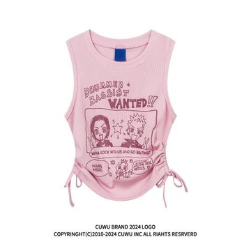 cuwu粉色抽繩無袖小背心吊帶女2024夏季新款辣妹緊身顯瘦短款上衣