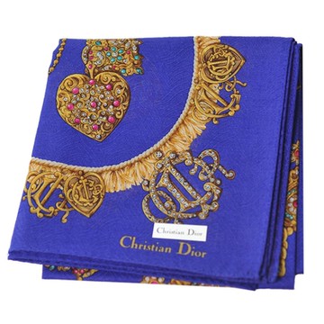 DIOR 迪奧 Christian DIOR 迪奧 迪奧 100%棉繽紛珠寶首飾圖騰品牌字母LOGO帕領巾(寶藍色系/53CM)