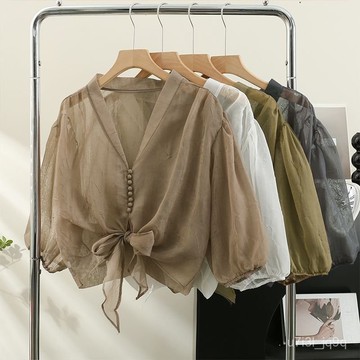2025夏季新款時尚設計小衆泡泡袖襯衫女法式薄款係帶防曬雪紡上衣涼感外套夏季外套薄外套女小眾個性襯衣外套