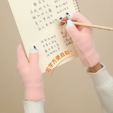 🔥臺灣出🔥手套女冬季新款可愛卡通保暖學生玩手機寫字露指觸屏騎車針織手套