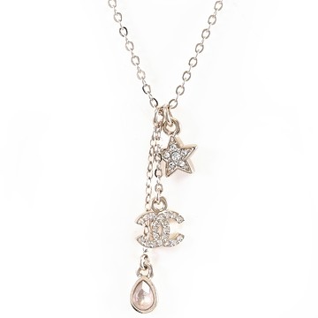 CHANEL ABG889 水鑽CC LOGO星星水滴吊墜鎖骨項鍊.淡金
