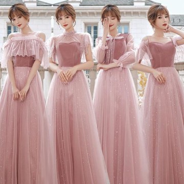 伴娘姐妹閨蜜晚禮服裙2024新款粉色絲絨女演出合唱服修身顯瘦長款