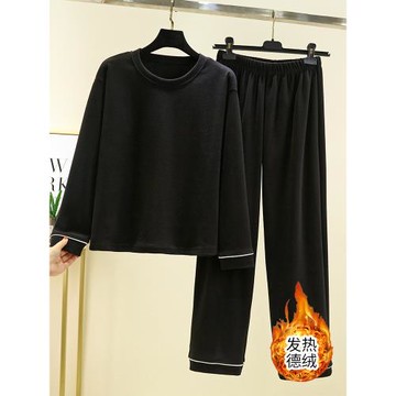 德絨保暖睡衣套裝女冬加厚圓領長袖家居服休閑大碼純色加絨兩件套