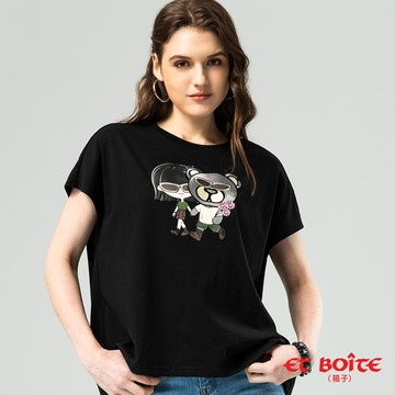 【2件7折】LIZ&NUNU熊印花連袖短TEE(黑) - BLUE WAY ET BOîTE 箱子