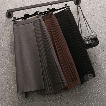 品牌折扣店商場專柜撤柜百褶裙子女秋冬高腰網紗拼接針織半身裙潮
