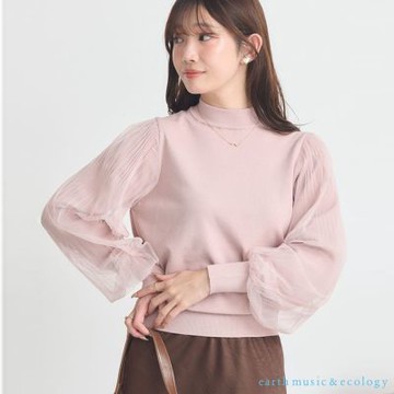 〚earth music〛薄紗蓬袖拼接設計微高領針織上衣