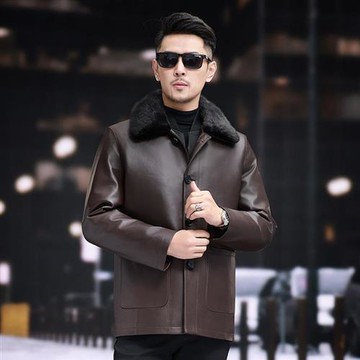 【米蘭精品】真皮皮衣外套-綿羊皮水貂毛翻領保暖秋冬男外套2色74ja83