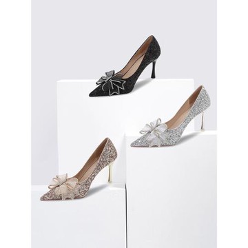 秀禾婚紗兩穿主婚細跟尖頭新娘鞋蝴蝶結伴娘紗法式高跟鞋婚鞋女鞋