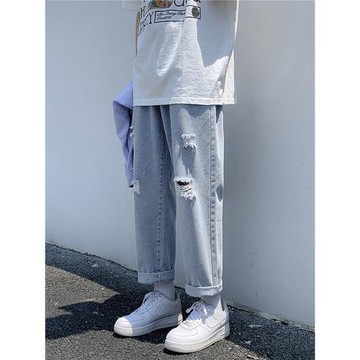 破洞乞丐牛仔褲男夏季薄款寬松闊腿直筒韓版帥氣ins潮純色九分褲