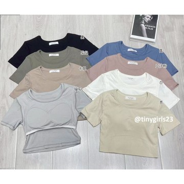 【太妮絲YA03】現貨 韓系 YIFAN 固定胸墊短袖上衣 圓領 素色 短版上衣 罩杯 胸墊 短