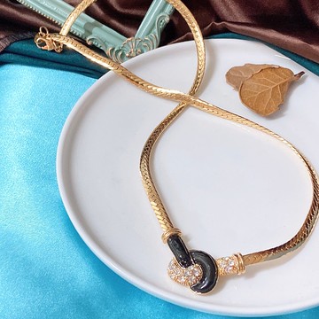 【西洋古董飾品】法式扭結晶品感 黑琺瑯工藝 萊茵鑽 項鍊