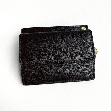 美國百分百【全新真品】Armani Exchange 皮革皮夾 logo AX 卡片夾 零錢包 短夾 黑色 BQ14