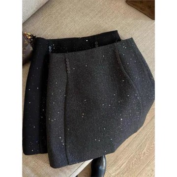 亮閃閃半身裙女秋冬季灰色a字裙顯瘦包臀裙黑色遮肉大碼毛呢短裙