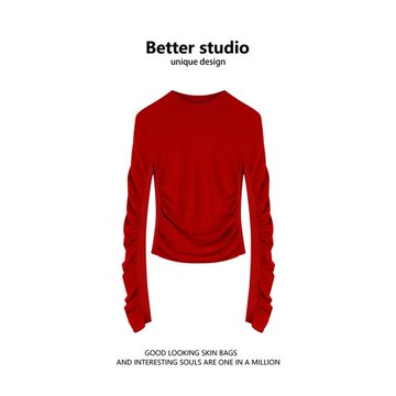 圣誕紅色針織衫女2024冬季新款設計感拼接抽皺外穿內搭修身上衣潮