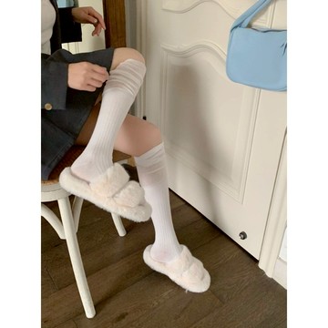 小紅書同款爆款 襪子女 秋冬 韓系 簡約 大牌設計感 拼接 純色 過膝 純欲風 豎紋顯瘦高筒襪套潮襪 學生襪 中筒襪