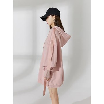 【加絨/薄款】中長款遮屁股粉色連帽衛衣外套女oversize歐洲站秋