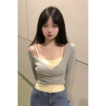 FANCIER春夏時髦短款露腰短款顯瘦上衣辣妹長袖T恤ins芭蕾風