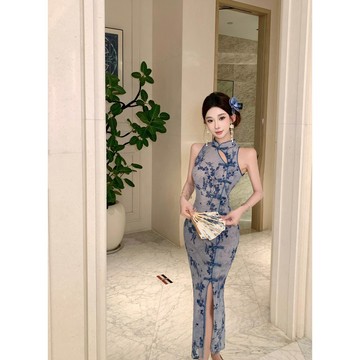 【桃喜Rich女裝】藍色旗袍 新中式國風洋裝 改良旗袍女 優雅氣質高階感網紗植絨旗袍連衣裙 復古洋裝 無袖旗袍 宴會洋裝