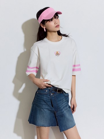 女裝 Logo純棉小熊印花圓領短袖T恤-白色