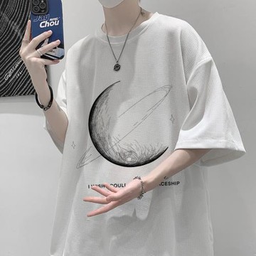 重磅短袖美式高街男設計感小眾華夫格T恤男生夏季潮牌七分半袖