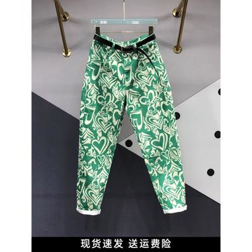 歐洲站秋季新款時尚印花女高腰顯瘦百搭a字闊腿九分蘿卜哈倫褲子