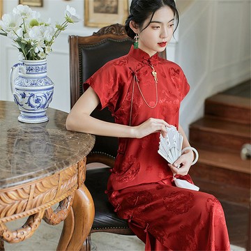 石榴紅色 鳳求凰 全開襟緞面結婚 婚禮旗袍 復古改良新中式洋裝