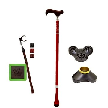 【海夫】枴杖屋 當代藝術系列 360度 防滑避震 10段伸縮手杖 三爪底座 夜光片扣環 紅底白花紋 紅(C2AC16)