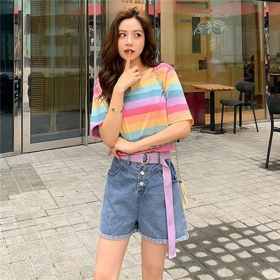 ジャージ レディース スウェット上下 トップス 虹柄半袖 デニムショートパンツ 上下 代 着痩せ 女性 通販 Lineポイント最大get Lineショッピング