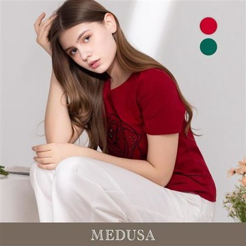 現貨【MEDUSA 曼度莎】玫瑰花線條刺繡水鑽T恤 - 2色（M-XL）｜短袖T恤 休閒穿搭 休閒上衣