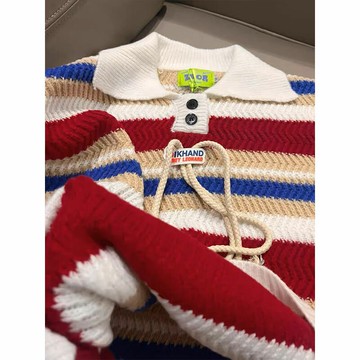 毛衣女polo領條紋拼色軟糯寬松外穿慵懶風時尚學院風針織上衣秋冬新款