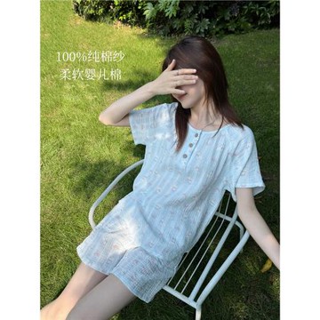 (免運)米圖100%純棉紗 柔軟嬰兒棉家居服圓領夏薄款睡衣女短袖短褲/長褲