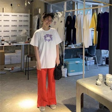 [REコンテナ] 韓版小眾品牌紫色抱圈小熊logo棉短袖寬松休閑T恤