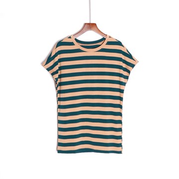 女裝短袖修身圓領插肩袖條紋青春通勤簡約T恤衫潮