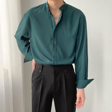 ZPZ春秋季上衣韓版寬松小立領長袖襯衫 男士青年潮流百搭免燙襯衣