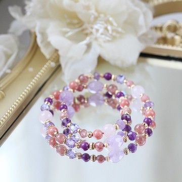 紫水晶 粉晶 草莓晶。富良野的春季約定。雙圈水晶手鍊