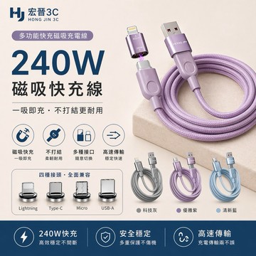 隔日到貨🔥【宏晉】240W高速磁吸充電線 四合一多功能編織快充線 六芯快充線 一線搞定不挑設備 鋅合金 最大支援240W