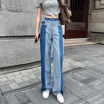 楊丞琳同款高腰撞色拼接牛仔褲