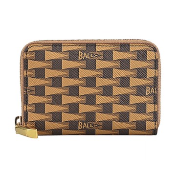 BALLY Pennant內裡燙金LOGO緹花PVC4卡拉鍊卡夾錢包(棕x褐)