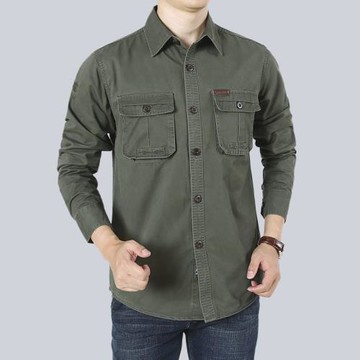 2025新款春秋男士寬松長袖襯衫男休閑純棉大碼工裝多袋襯衣男外套