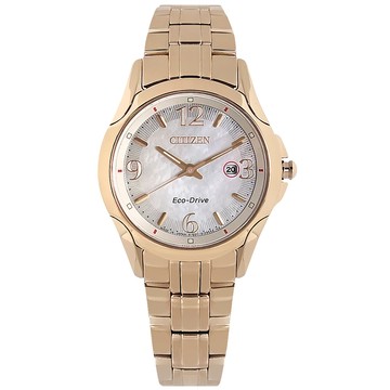 CITIZEN / EW1782-55A / 光動能 珍珠母貝 數字刻度 藍寶石水晶玻璃 不鏽鋼女錶 銀白x鍍玫瑰金 31mm