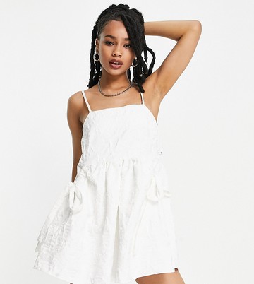ASOS DESIGN Petite cami jacquard bellow pocket mini dress in white