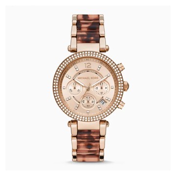 【Michael Kors】Parker美式晶鑽三眼時尚鋼帶腕錶-玳瑁棕/MK6832