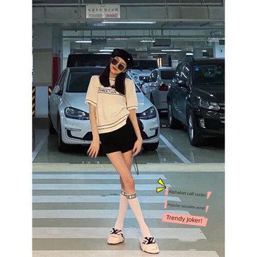 白色小腿襪夏季薄款及膝襪春秋潮牌襪子女款時尚名媛風字母中筒襪