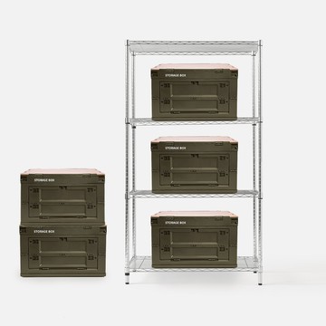 (組合) 特力屋加強防鏽鍍鉻四層架(液透)90x46x160公分+軍風綠木天板收納箱 大x5