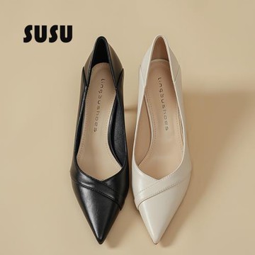 軟皮黑色高跟鞋女職業細跟工作久站不累腳高級感拼接絕美上班單鞋