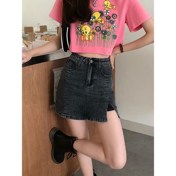 145小矮個子防走光開叉牛仔半身超短裙女a字包臀xs小碼顯高穿搭夏