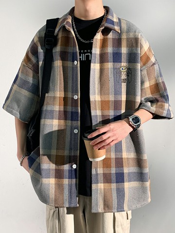 格子短袖襯衫男夏季寬松日系襯衣男士上衣服外套【不二雜貨】